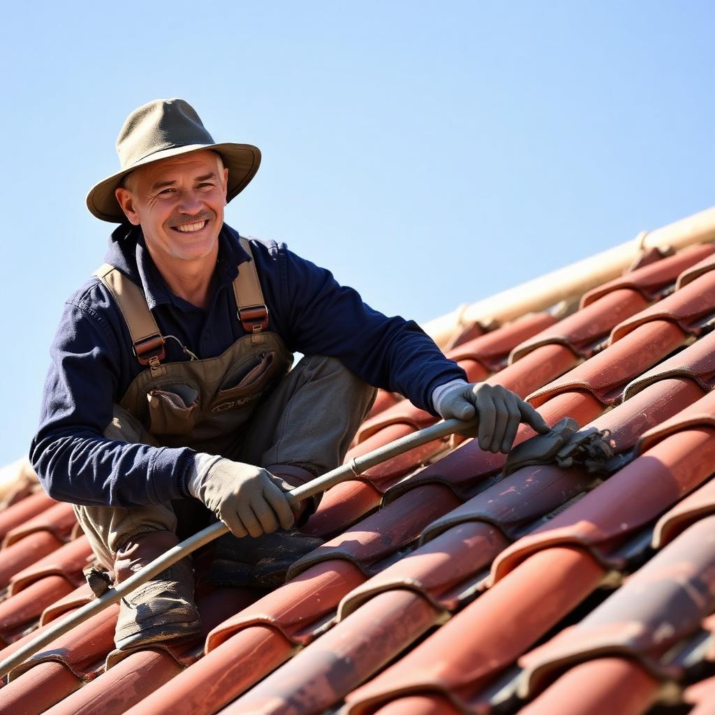 Artisan couvreur travaillant sur une toiture en tuiles