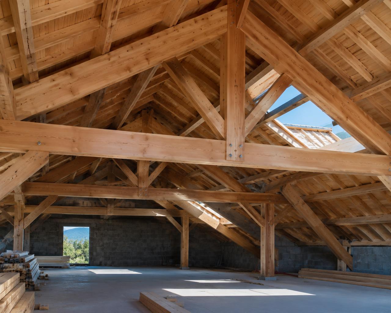 Charpente traditionnelle en bois avec fermes et pannes