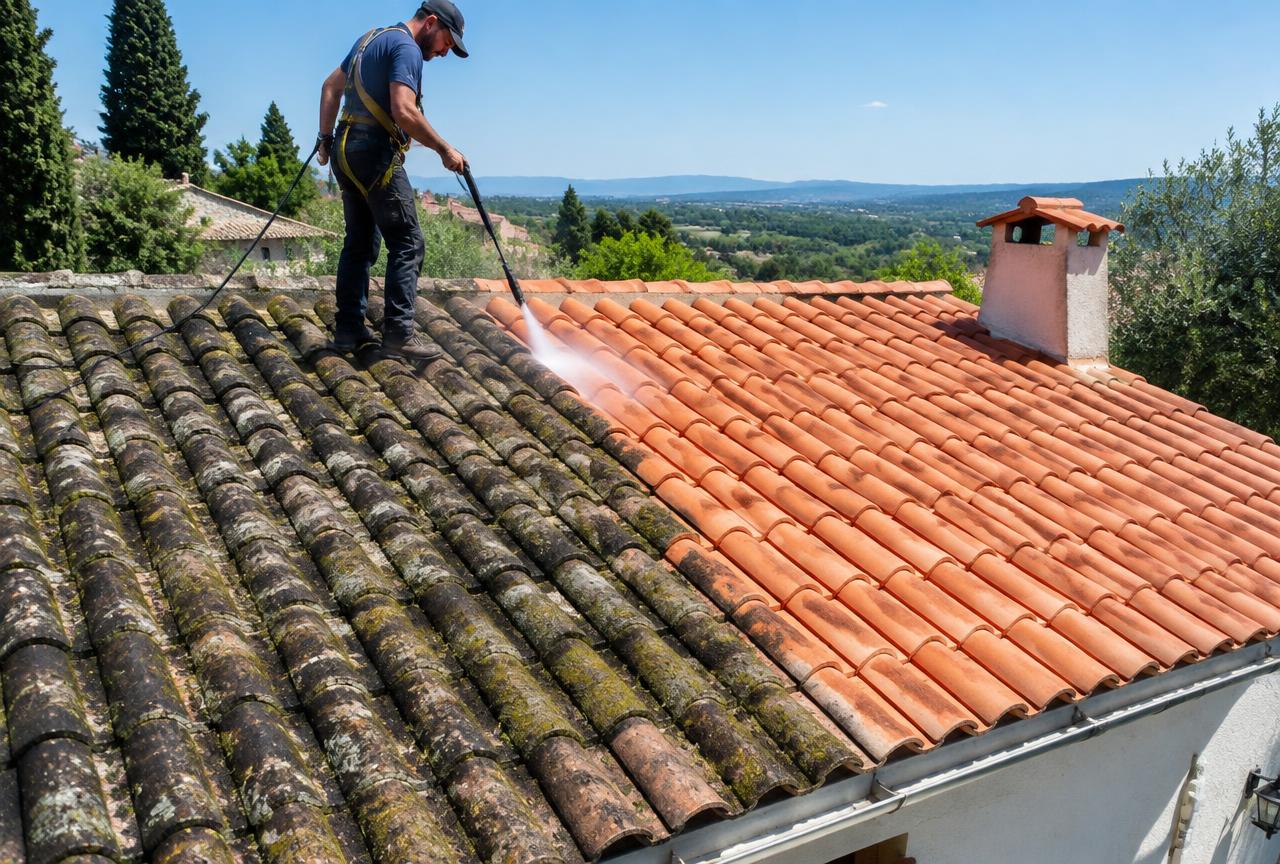 Nettoyage et démoussage d'une toiture en tuiles avec traitement hydrofuge