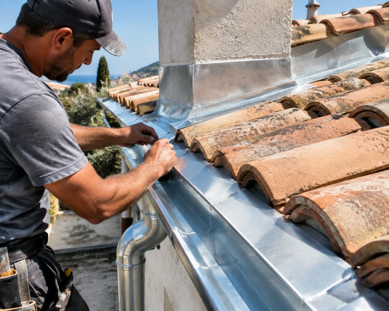 Pose d'une gouttière zinc et d'un solin sur une toiture en tuiles