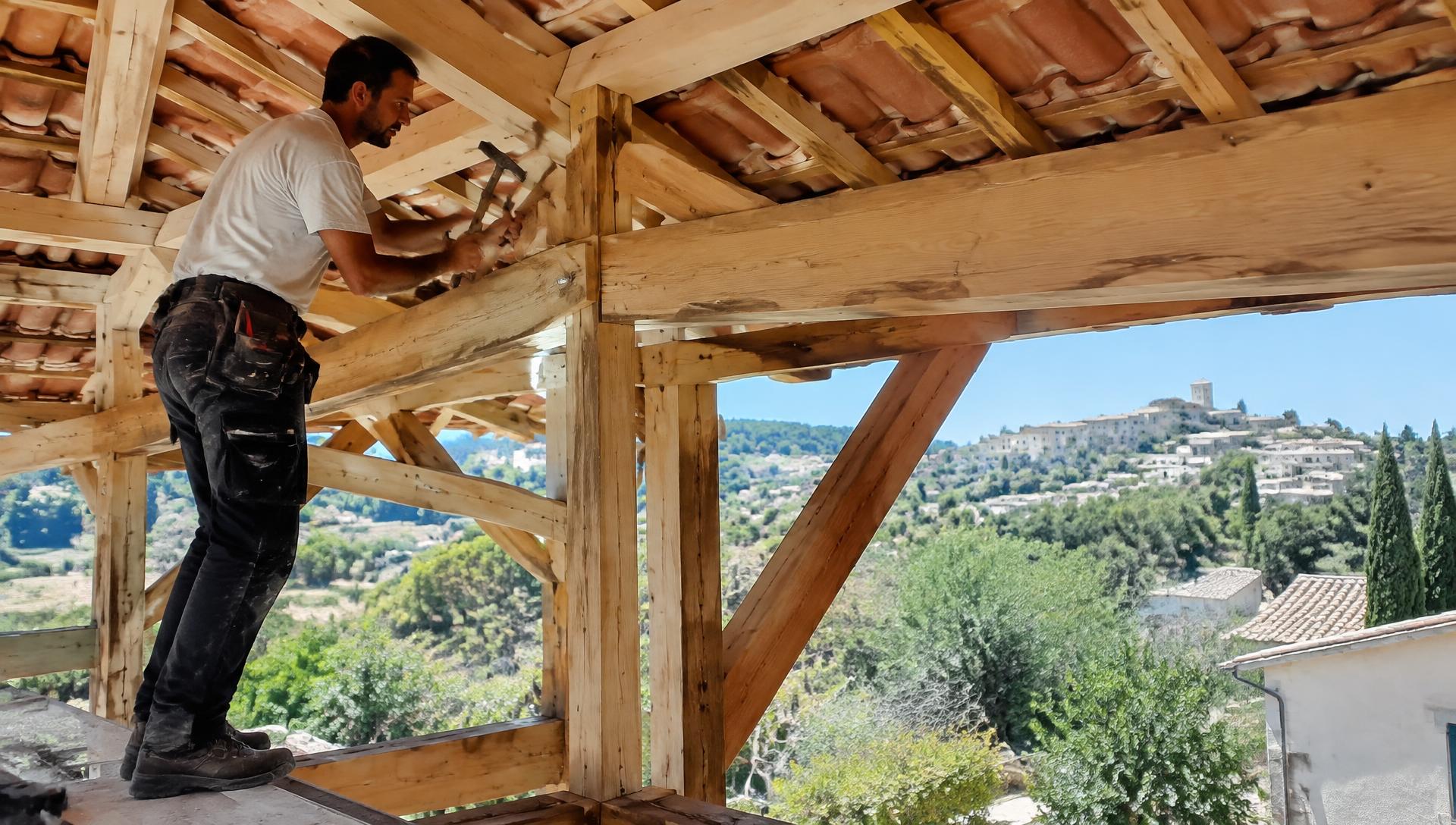 Charpentier travaillant sur une charpente traditionnelle en bois dans le Gard