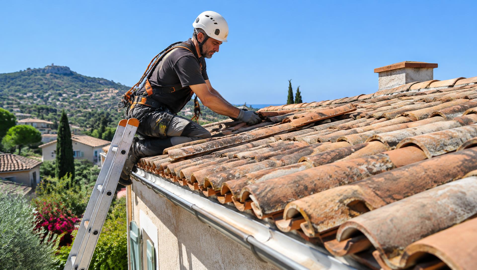 Couvreur réparant une toiture en tuiles canal à Nîmes dans le Gard