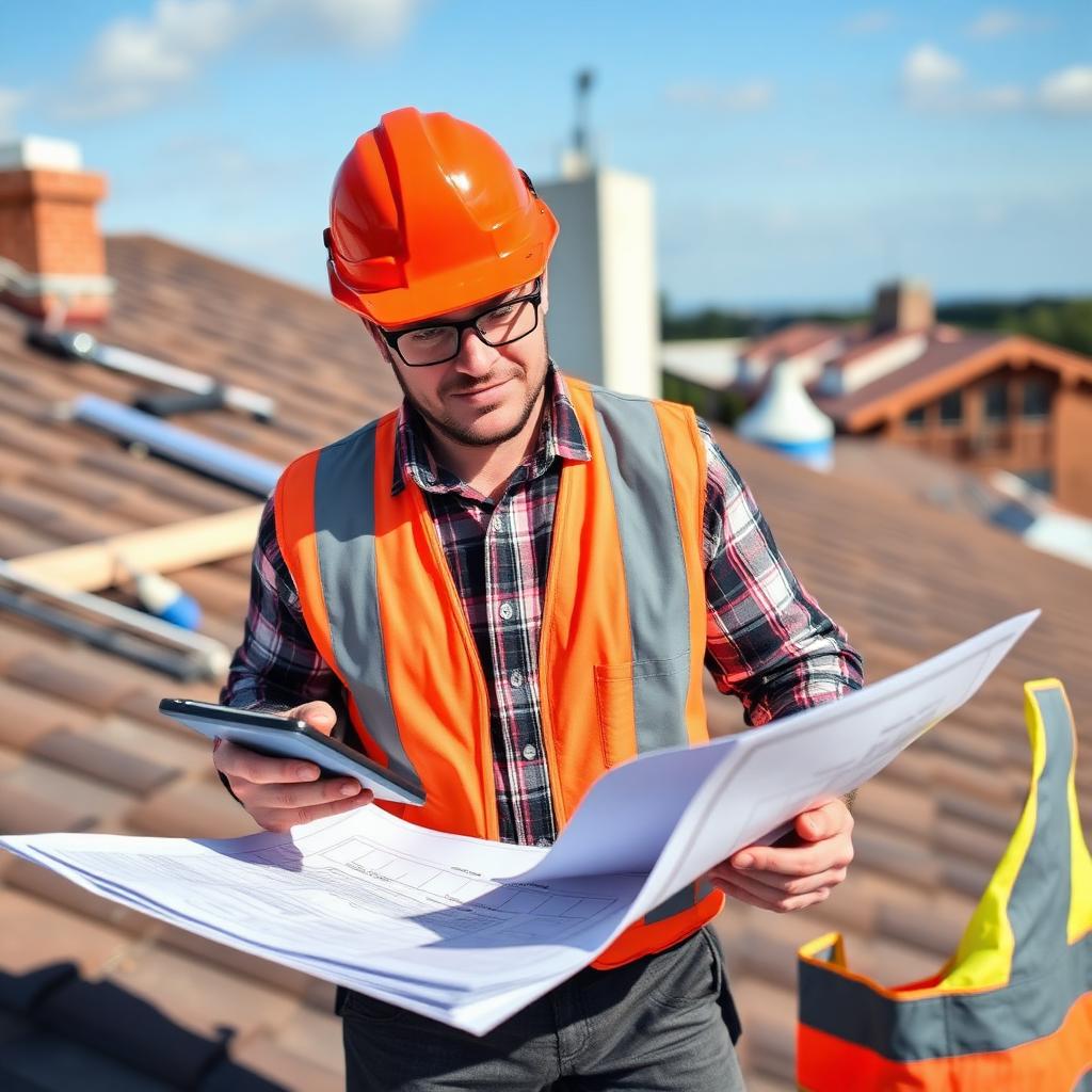 Couvreur étudiant un devis sur un chantier de rénovation de toiture